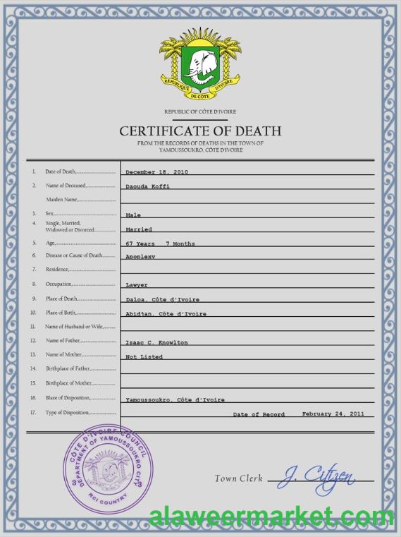 Côte d’Ivoire vital record death certificate PSD template